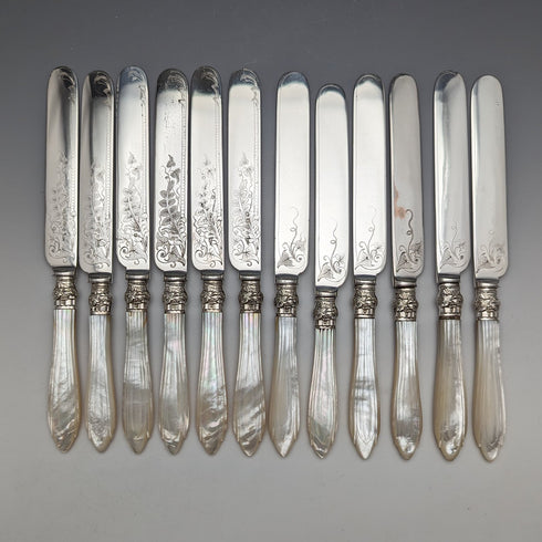 約 1860 年英國古董白色珍珠手柄餐具 12 對套裝 Walker & Hall